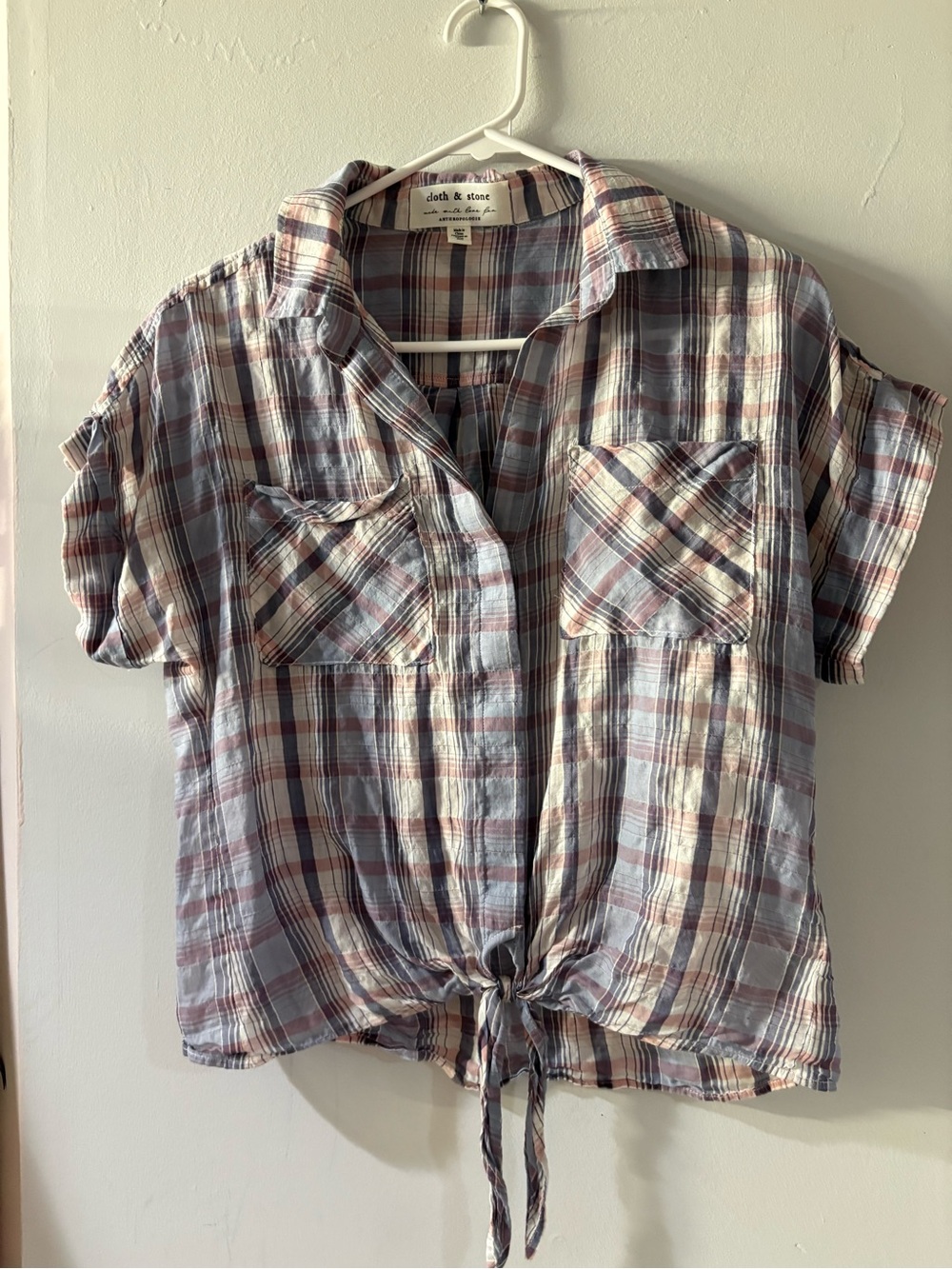 cloth & stone size Xs Plaid Tie-Front Button Shirt in Blue and Cream